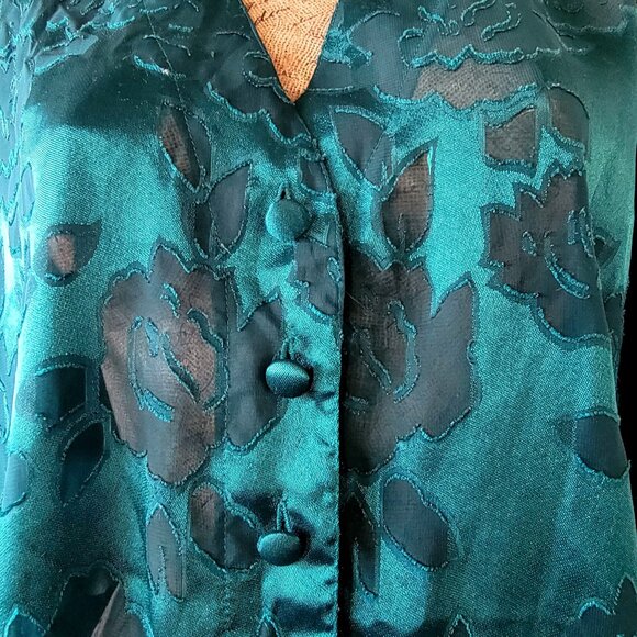 Vtg 90s Victoria Secret  Gold Label Jacquard Emerald Green Floral Sheer Teddy - Picture 3 of 15